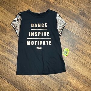 Zumba Fitness Black Tee with Gold Sequin Sleeves